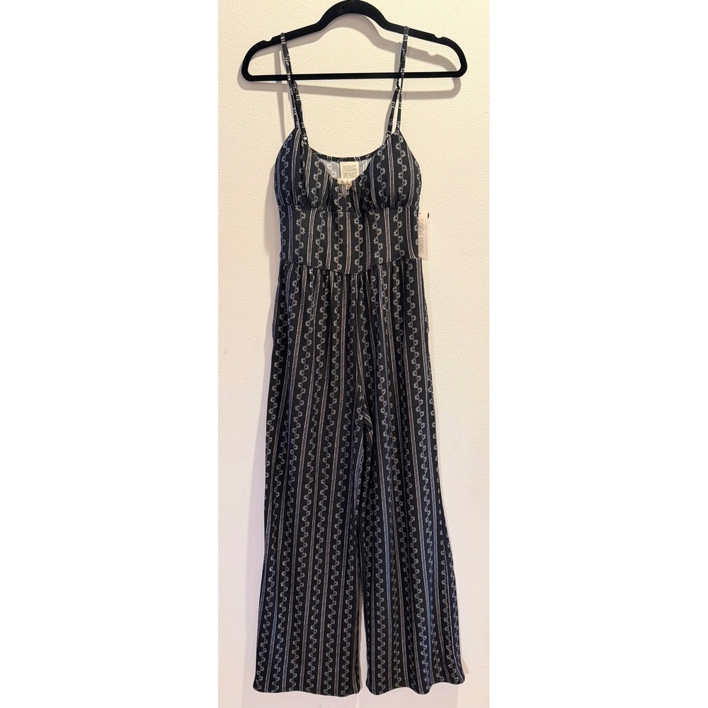 Derek Heart Womens Black White Floral Stripe Wide Leg Jumpsuit Size M NWT